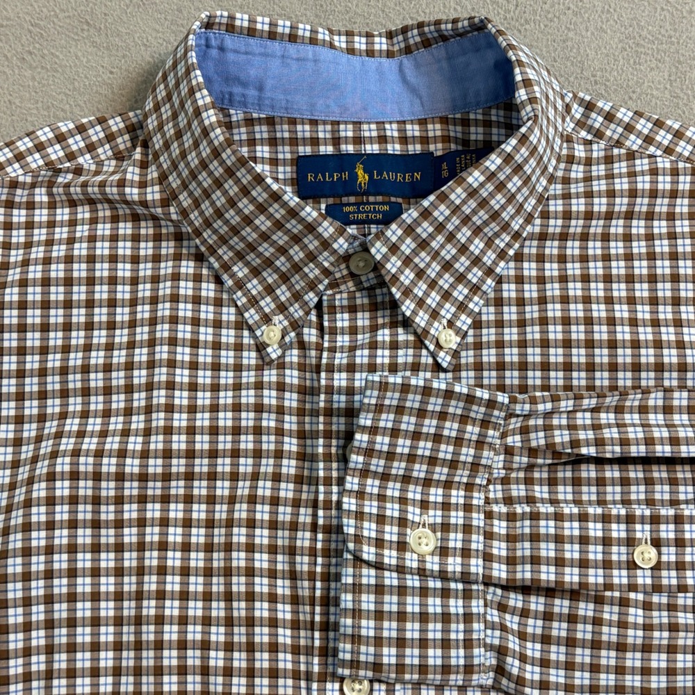 Ralph Lauren Mens XL Brown Blue Gingham Check Cotton Stretch Button Down Shirt